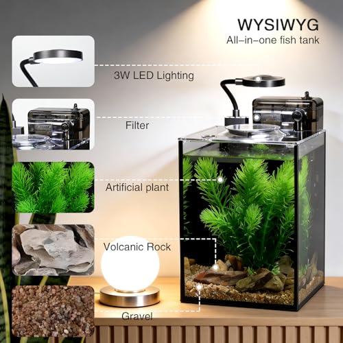 1.2 Gallon Betta Fish Tank, Small Aquarium Kit,Glass Small Fish Tank,Betta Fish Tank with a lid and Light and Filter, Small Transparent Glass Fish Tank with Light and Filter(Black Glass Background) - size: 1.2 Gallon