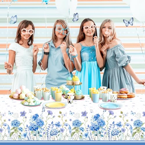 1Pc Blue Hydrangeas Flowers Party Plastic Tablecloth 54 x 87 Inch Long Table Cover, Spring Butterfly Party Tablecover for Floral Theme Kids Baby Shower Birthday Dinner Picnic Kitchen Event - color: Blue Hydrangeas