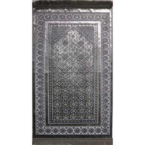 Modefa Velvet Prayer Rug - Soft Plush Turkish Janamaz Sajada Carpet for Men and Women - Plain Solid Prayer Mat Ramadan Eid Gift - with Prayer Beads - Luxury Floral Stamp (Silver Grey) - color: Silver Grey