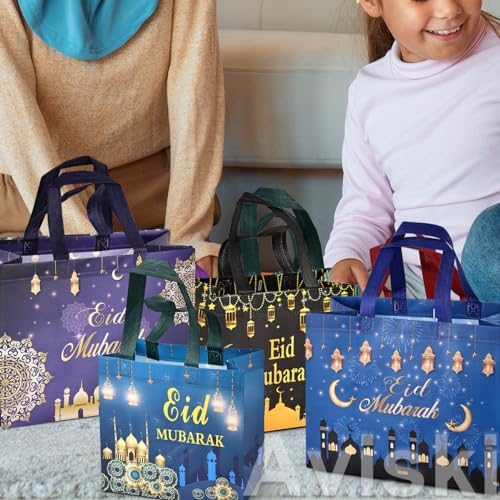 Aviski 4PCS Eid Mubarak Reusable Gift Bags, Treat Bags with Handles, Eid Mubarak Party Bags, Multifunctional Non-Woven Eid Bags for Gifts Wrapping, Party Supplies
