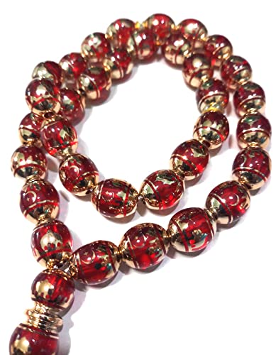 Muslim Tasbih 33 Rosary Bead AMN-276 Islam Prayer dhikr Misbaha with Masjid Image Printed on Laser Crystal Stone Beads Islamic Religion Eid Ramadan Gift (Red) - color: Red