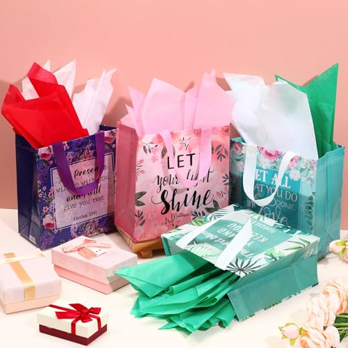 Riakrum 16 Pcs Religious Gift Bags Bulk for Women, Non Woven Christian Gift Bag with Handle, Reusable Flower Religious Baptism Bible Verse Tote for Eid Easter Catholic Theme Party Favors