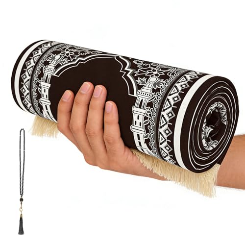 Prayer Mat Ramadan Gifts - Portable Black Prayer Rug Islamic Muslim Tasbih Beads, Praying Carpet for Islamic Man Women Eid Salah Namaz Meditation Decorations for Home