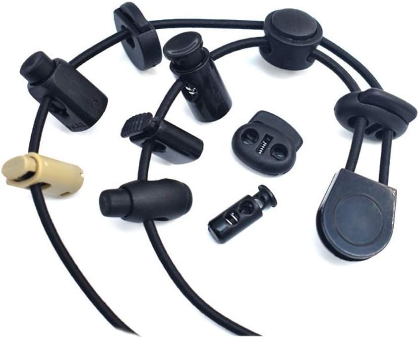 20pcs Plastic Cord Locks with 1/8-Inch 50ft Elastic Cord Heavy Stretch Round String, 10Pcs Sing-Hole, 10pcs Double-Hole Spring Toggle Stopper Slider Black (3mm-Black)