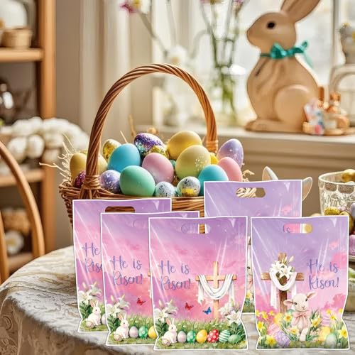Falueqg Religious Easter Party Favor Bags - 50 Pcs He is Risen Happy Easter Goodie Candy Gift Bags First Communion Religious Cross Party Favors for Christian Spring Hunt Egg Game Baptism Supplies - color: Cross Easter