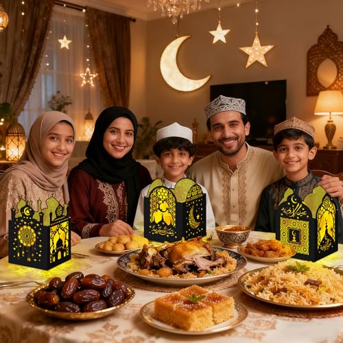Retisee 24 Pcs Ramadan Eid DIY Lantern Craft Kit, Paper Lanterns with 1000 Gold Yellow Tissue Paper & Double-Sided Tape, Islamic Moon Star Motif Decor for Home Table Mosque Party Art Project - style: Ramadan