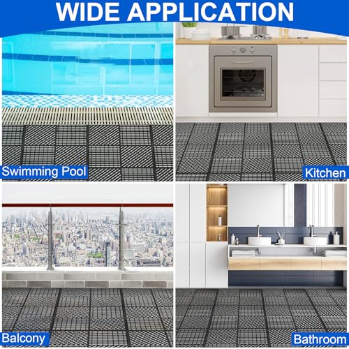 MYFAMIREA Modular Interlocking Cushion 12 Pack 11.8" x 11.8" Rubber Floor Tiles Non-Slip Splicing Drainage Mats for Deck, Pool, Shower, Patio, Balcony, Bathroom, Kitchen, Yard (2 Rows Dots, Black) - size: 12 PCS-2 Rows Dots