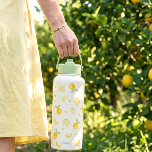Lemon Water Bottle Stainless Steel 32oz with Lid & Straw, Insulated Bottles Gifts for Women Girls Friends Teens Birthday Christmas - color: Lemon