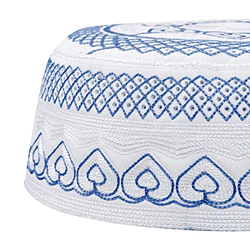 Islamic Men's Hat Men Muslim Prayer Kufi Hat Arabian Top Embroidered Men Hajj Mosque Headwear Beanie Skull Cap - color: Blue
