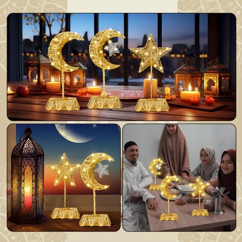 Baquler 3 Pcs LED Lighted Ramadan Moon and Star Ornament Gold Glittered Battery Operated Ramadan Decoration Table Decor for Indoor Home Bedroom Tabletop Centerpiece Holiday Party