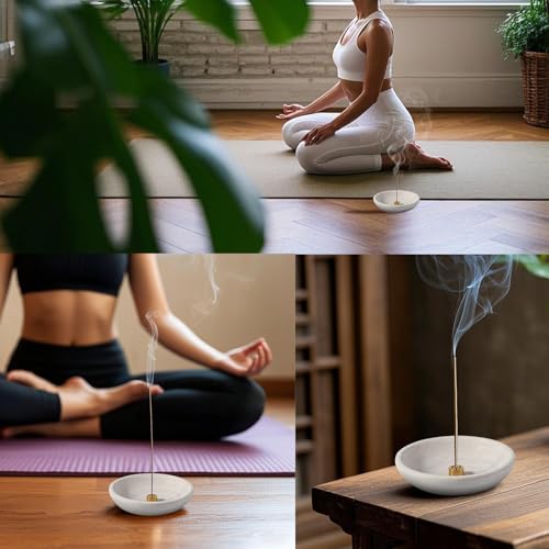 Koville Natural Marble Incense Holder, Incense Holder for Sticks with 9 Holes, Handmade Incense Burner Ash Catcher for Meditation Yoga SPA, Balsam Fir/Palo Santo/Sage/Cone Incense Bowl(Grey) - color: D=150-beige