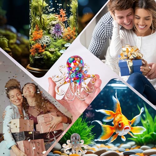 Octopus Decor Aquarium RoseQuartze Gravel Decorative Resin Glass with Natural Crystal Stone Marine Animals Fish Tank Ornaments Statue Healing Home Decor Ladies Gift 3.93"
