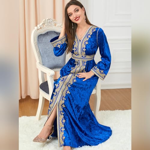 IDOPIP Muslim Women Velvet Dress Embroidery Abayas Long Sleeve V-Neck Moroccan Maxi Kaftan Dubai Robe Arabic Islamic Clothing - color: Royal Blue, size: Medium