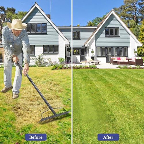 Adjustable Bow Rake Heavy Duty, Dual-Sided Steel Garden Rake Tool for Gathering Leaves, Pine Straw, Thatching, Breaking Up Soil, Leveling Gravel