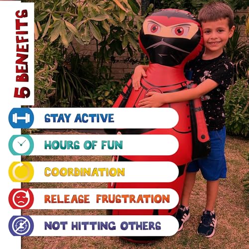 INFLATABLE DUDES Red Ninja Toy 47” - Kids Punching Bag | Sand-Base | Bop Bag, Pre-filled with Sand, Inflatable Toy, Punching Bag for Kids, Enhanced Bounce-Back Action, Indoor/Outdoor - color: Red Samurai Standard Ninja | Pre-filled with Sand