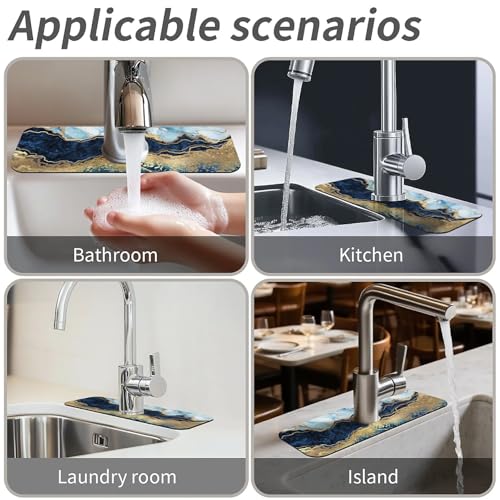 Kitchen Sink Splash Guard,Blue white black and gold marble-1 Faucet Mat Sink Gadgets-Super Absorbent Fast Drying Mat Drip Catcher for Kitchen, Bathroom,Sink Mat, Dish Drying Mat, Bathroom(15" X 5.5" ) - color: Blue white black and gold marble-1