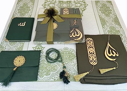 SAIKA Muslim Prayer Rug, 7 in One Gift Set, Prayer Mat Surah Book, Tasbeeh, Scarf, Surah Case, Bookmark, Car Mirror Hanger, Prayer Beads,Islamic Gift for Umrah, Hajj, Wedding, Janamaz (Green) - color: Green