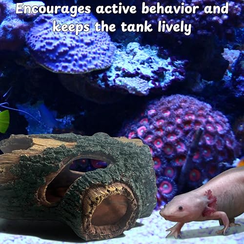 Axolotl Tank Accessories – Hideout Cave & Airstone Bubbler, Aquarium Driftwood-Style Shelter with Air Stone, Fish Tank Decor for Axolotl/Betta (Turtle Air, S)