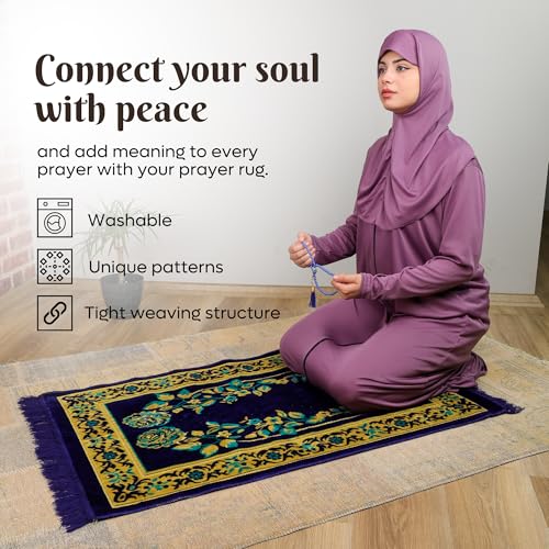 Muslim Prayer Rug, Soft Plush Thin Islamic Prayer Mat, Janamaz, Sajada, Praying Carpet, Islamic Gift for Men & Women, Islamic Mat, Eid & Ramadan Gift with Prayer Beads, 26x43 inch, Blue - color: Tabuk / Royal Blue