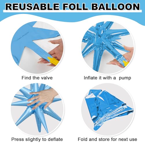 9Pcs Blue Iridescent Star Balloons, Explosion Spike Foil Balloons Party - color: Iridescent + Light Blue