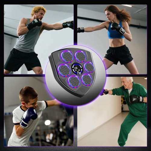 Music Boxing Machine Smart with Rhythm LED – Wall Mounted for Adults & Kids – Incl. Adult Gloves, Headband & 3 Reflex Balls – 9 Modes, Bluetooth Music Sync, Home/Office/Gym Sturdy Fitness Set