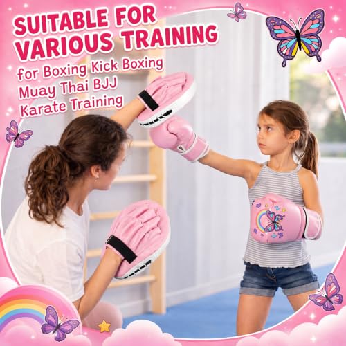 Boxing Gloves and Punching Mitts Set 4oz Gloves Boxing Pads Kids Youth Sparring Gear Training Equipment for Taekwondo Kick Karate Muay Thai MMA Martial Art - style: Pink Butterfly