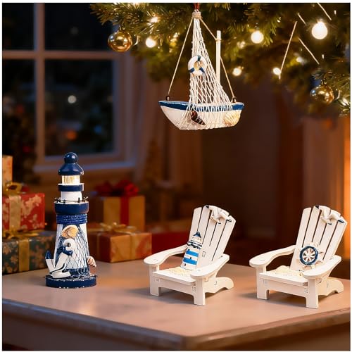 JQAQJU 4" Wooden Beach Chair Lighthouse Sailboat, 4pcs Nautical Home Decor | Beach Ocean Ornament for Summer Bathroom Bedroom Kitchen, Nautical Decoration for Office Desk