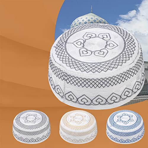 TINAYAUE Men Islamic Worship Prayer Headwear Eid Ramadan Prayer Muslim Cap Saudi Arabia Kufi Hat Mosque Madrassa Egyptian Hat - color: Grey