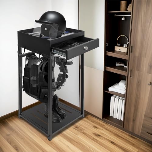 Neoaider Police Gear Rack, Police Hanger with Hooks | Tactical Duty Gear Rack Decor with Thin Blue Line Flag, Black Body Armor Stand for Police Gift - size: Police Gear Stand w/Combination Lock