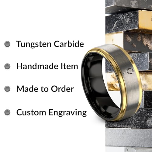 Tasbih Prayer Beads Ring - Gift for Muslim - Tungsten Carbide - Band - Black Yellow Gold Silver - Flat Dome Bevel - Men Women - Personalized Custom Engraving - 8mm - Anniversary Engagement Wedding - color: 15 - Yellow Gold Black Grey Tungsten
