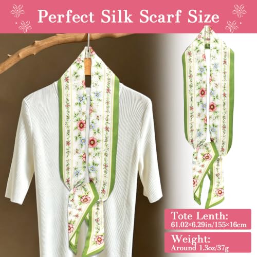 59" Hair Scarf for Women Silky Long Neck Head Scarves Purse Bag Scarfs for Handbag Satin Headscarf Gift 59" * 5.9” - color: 3-olive Green Floral