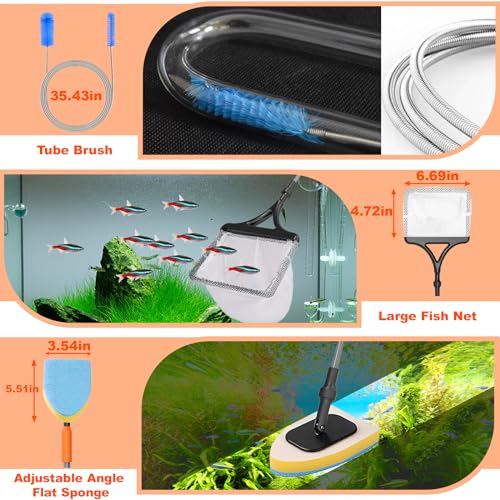 7-in-1 Aquarium Cleaning Tool, Fish Tank Cleaner with Telescopic Handle | Aquariums Scraper,Adjustable Angle Brush,Gravel Rake,Plant Fork, Flat Sponge,Large Fishes Net,Hose Brushes