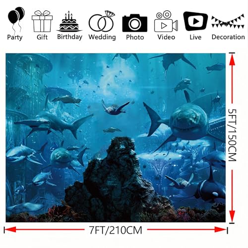 7x5FT Shark Under The Sea World Photo Backdrop Aquarium Reef Photography Background Banner Polyester Fabric Studio Props Booth Video Shooting Decorations Supplies
