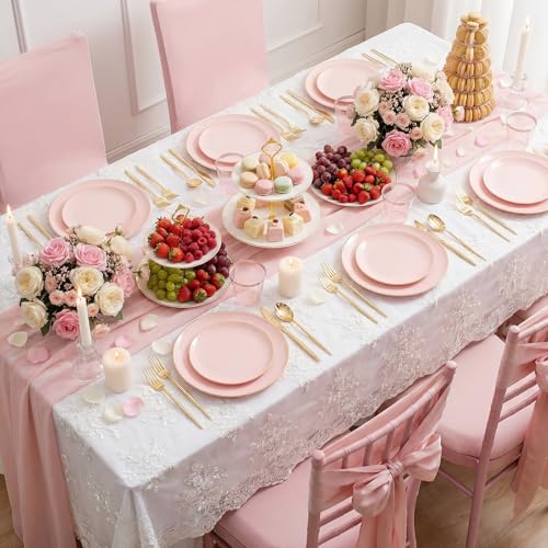 MirthMood 350PCS Pink Plastic Plates with Gold Rim – Plastic Plates Set Includes 50 Dinner,50 Dessert Plate,50 Cup&50 Napkins 150 Gold Silverware for Wedding&Birthday Parties&Valentine's Day - color: Pink, size: 350