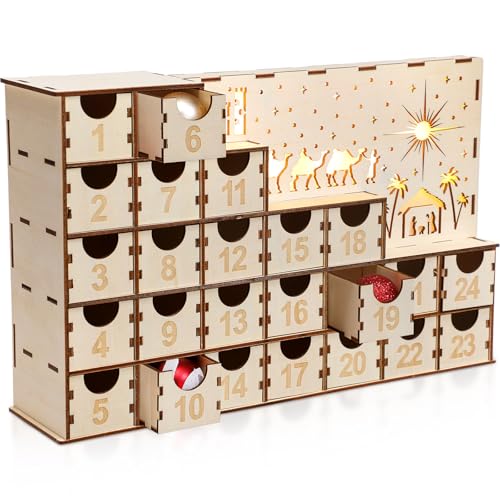 Nuanchu Lighted Christmas Wooden Advent Calendar with 24 Drawers DIY Empty Advent Calendars to Fill Countdown to 2026 Christmas Reusable Nativity Scene Decor Make Your Own Gifts Box for Xmas Adults