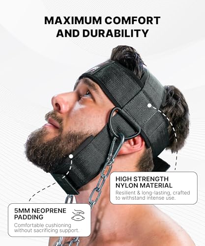 DMoose Fitness Neck Harness for Weight Lifting - Soft Padded Head & Chin Strap with 30" Heavy Duty Steel Chain - Neck Exerciser, Trainer & Strengthener to Support Injury Recovery and Intense Workouts - color: Black (Legacy Logo)