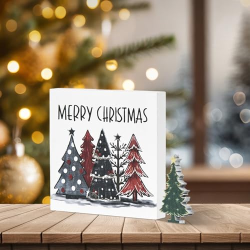 Smile 2Pcs Christmas Tree Decor Merry Christmas Square Wooden Sign | 5 x 5 Inches, Desk Table Shelf Office, Farm Decoration Kitchen - style: Christmas Trees
