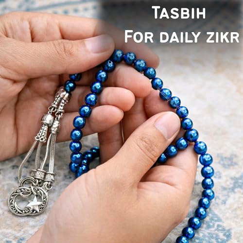 Amazing Gemstone Blue Hematite Tasbeeh with Moon and Star Charm - Certified Crystal Muslim Prayer Beads Natural Gemstone Tasbih Gift for Ramadan Dhikr and Daily Namaz (S) - color: Blue Hematite