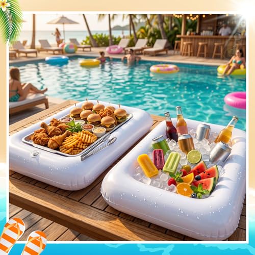4 Sets Inflatable Cooler with Tray Chilled Serving Tray for Parties Ice Serving Buffet Bar Party Platter for Fruit Veggies Seafood Shrimp Cocktail Buffet Picnic - style: Clean