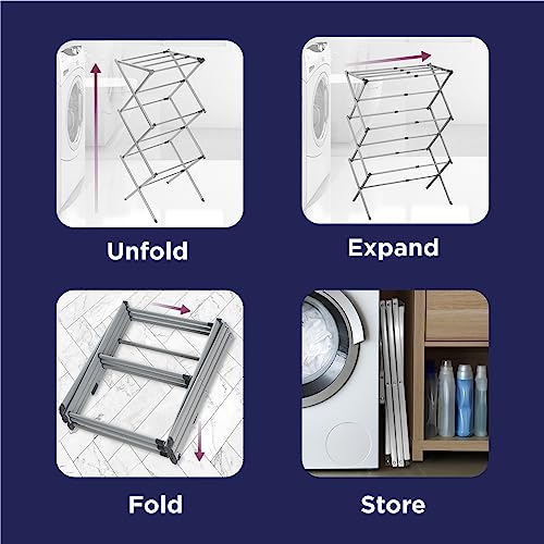 BLACK+DECKER 3 Tier Expandable Collapsing Foldable Laundry Rack for Air Drying Clothing, Space Saving Heavy Duty Lightweight Metal Drying Rack, Grey - color: Gray