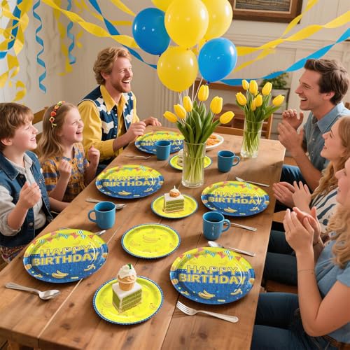 Grencian 96Pcs Yellow Cartoon Birthday Party Decorations Yellow Cartoon Paper Plates and Napkins Banana Theme Disposable Tableware for Banana Theme Birthday Decorations Serves 24 - style: Yellow Cowboy Birthday