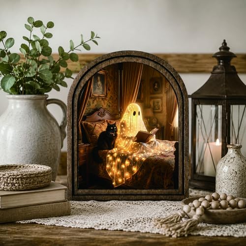 Reading Ghost Arched Decor, Halloween Cat Table Sign, 5.9x7.9 - color: Reading Ghost