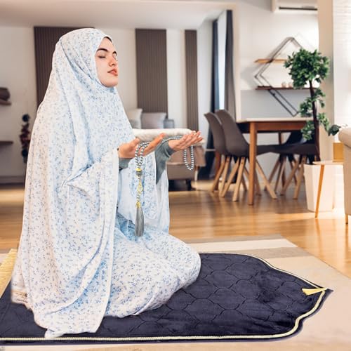 Muslim Prayer Rug with Tasbih Prayer Beads, Extra Thick Padded Non-Slip Islamic Prayer Matt,Turkish Praying Carpet Ottoman Blankets Ramadan Gift for Ramadan, Eid, Hajj, Travel, Pray(Gray Purple) - color: Gray Purple