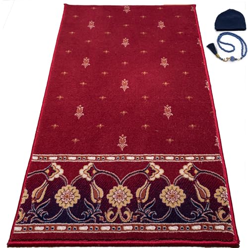 Modefa Turkish Islamic Luxury Prayer Carpet - Large Plush Velvet Rolled Kilim Rug - Thick Janamaz for Men & Women Ramadan or Eid Gift with Tesbih Prayer Beads & Kufi (Floral Red)