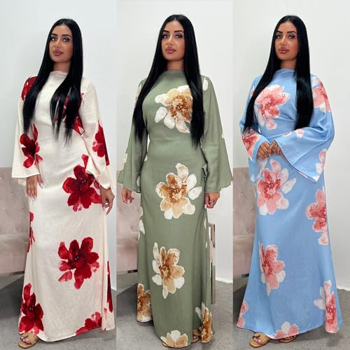 Women Butterfly Abaya Elegant Prayer Dress with Bell Sleeve, Waist Tie, Stylish Floral Printed Maxi Robe - color: Blue, size: Large