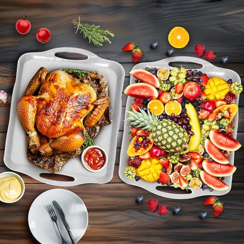 LEHAHA 17.25" x 12" Serving Trays Set of 2 White, Dinner Tray, Light Weight Easy to Clean Sturdy Stackable Melamine Serving Platter with Handle, Fruit, Snacks, and Desserts Trays.Mats Included - color: White