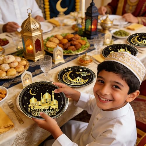 Ramadan Plates for Home Black and Gold Eid Mubarak Ramadan 9 Inch Paper Plates for Ramadan Party Decorations