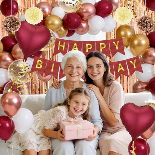 Burgundy Balloons Birthday Decorations, Happy Birthday Banner, Tassel, Heart Foil Balloons, Butterfly, Paper Flower and Fringe Curtains for Happy Birthday Decorations for Women Adults - style: Burgundy