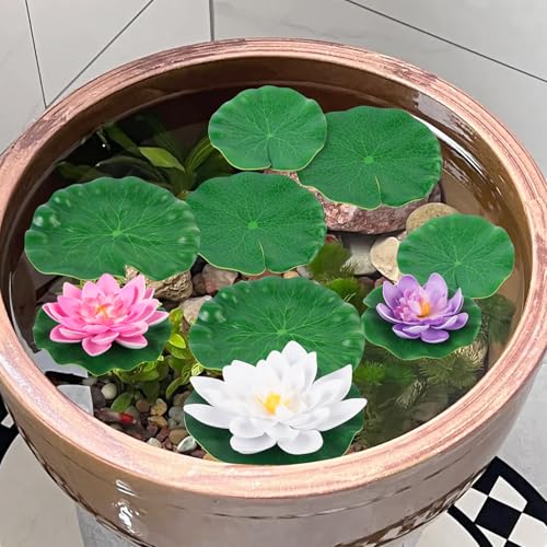 9 Pcs Artificial Floating Foam Lotus Flowers with Plastic Lotus Leaves, Artificial Lily Pads for Pond, Pond Plants Ornaments for Garden Koi Fish Pool Aquarium Pool Wedding Decor