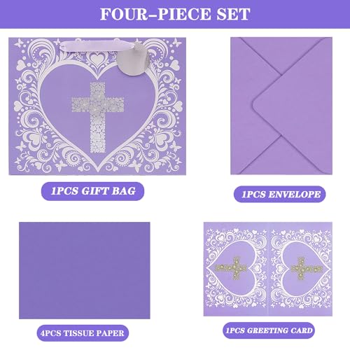 JWSCYSY 12.6" Large Purple Gift Bag with Metallic Silver Floral Cross Design, Card and Tissue Paper for Baby Girl Baptisms, Christenings, First Communions Religious - color: Purple 12.6"